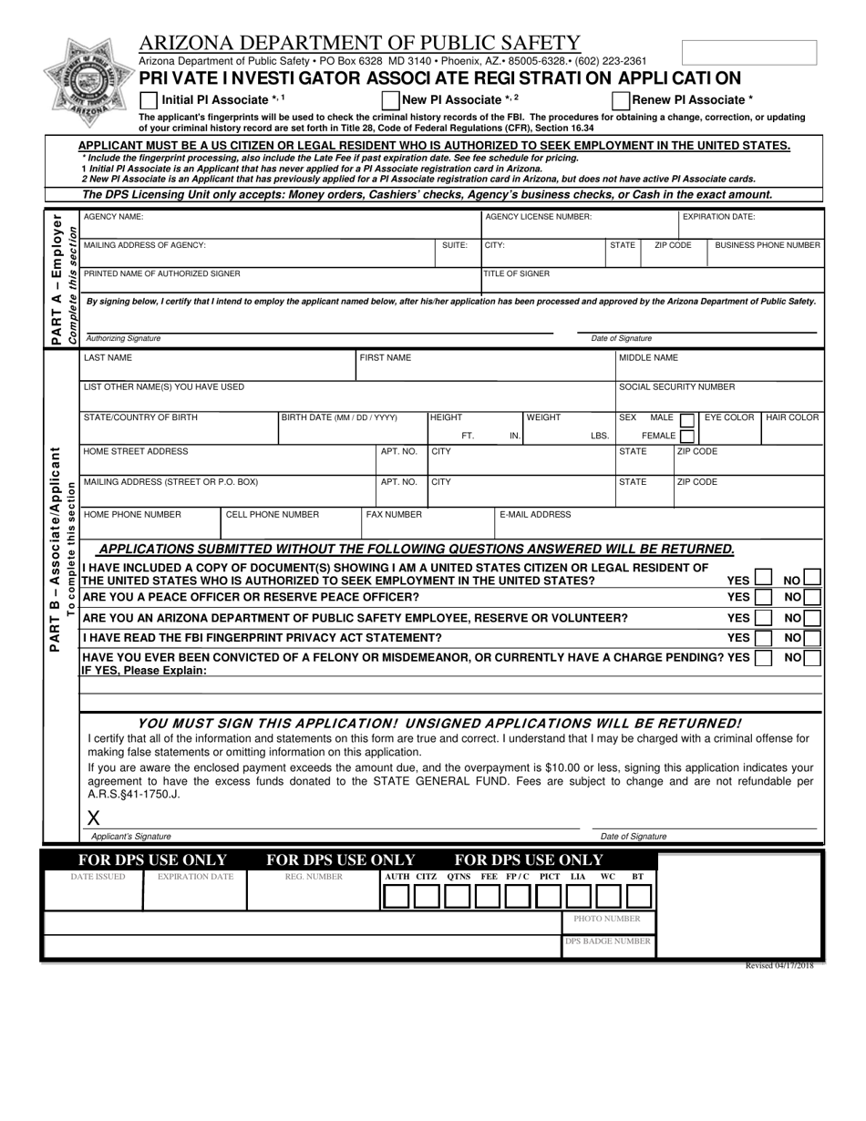 Private Investigator Associate Registration Application - Arizona, Page 1