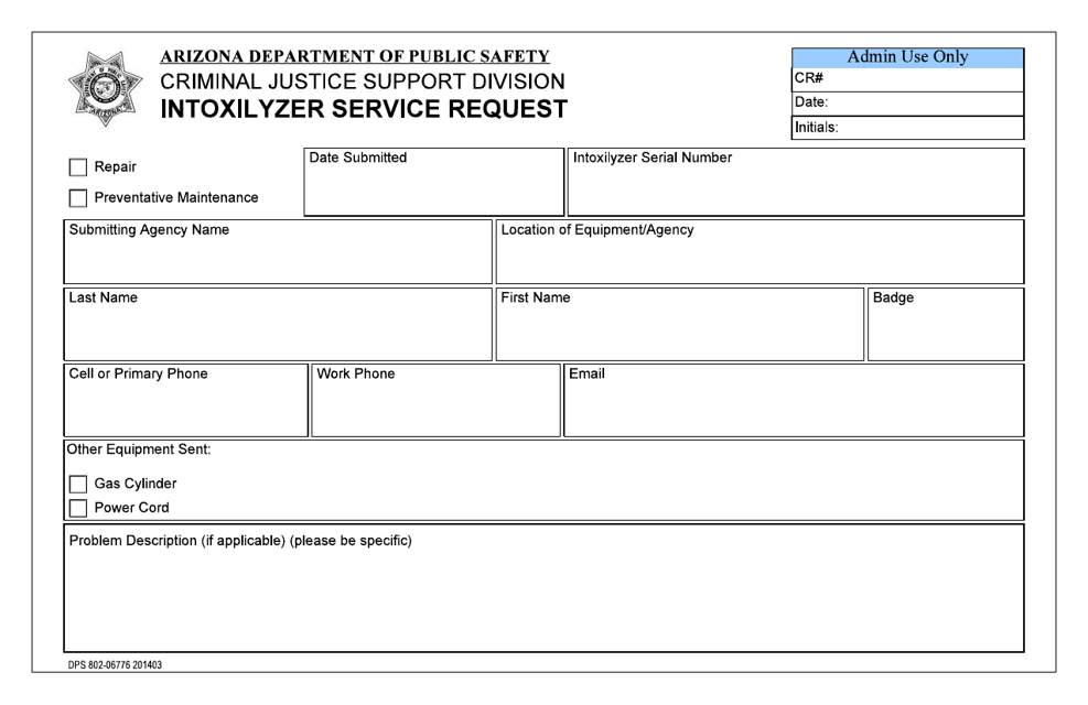 Form DPS802-06776 Intoxilyzer Service Request - Arizona