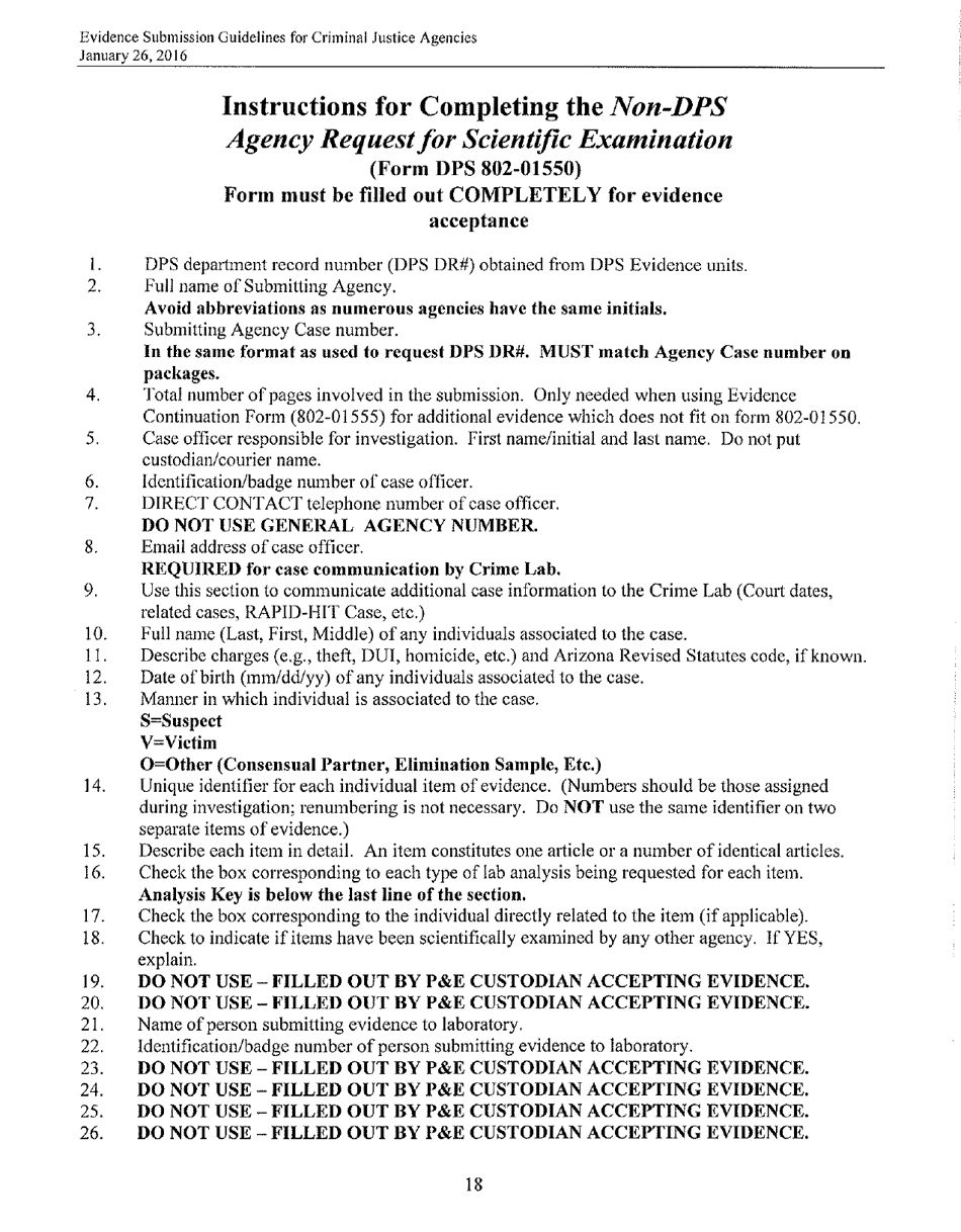 Instructions for Form DPS802-01550 Non-dps Agency Request for Scientific Examination - Arizona, Page 1