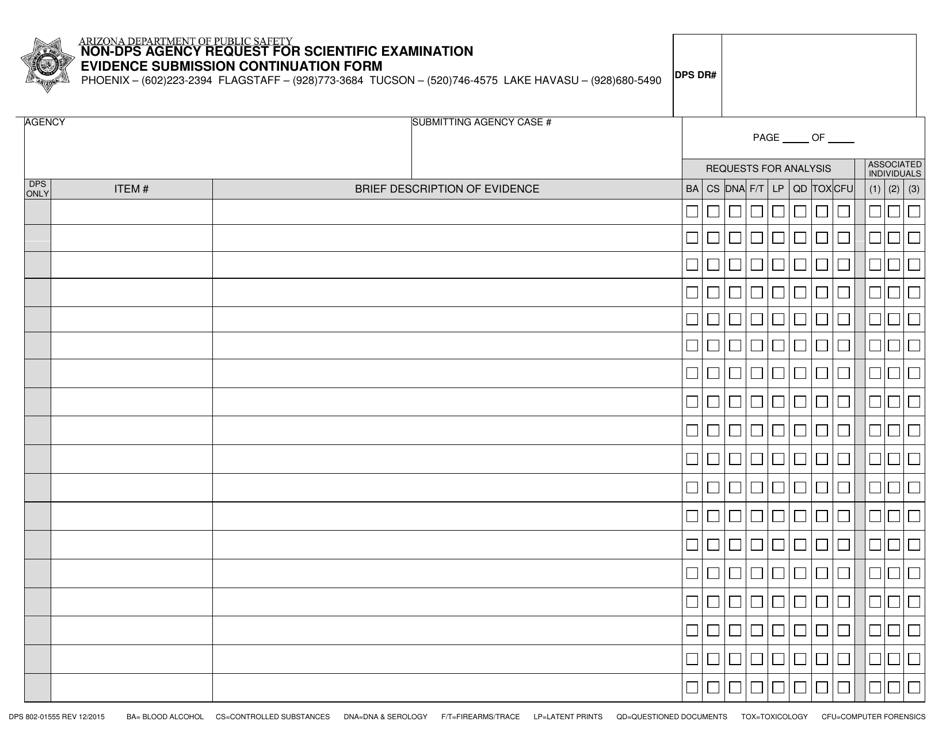 Form DPS802-01555 Non-dps Agency Request for Scientific Examination Evidence Submission Continuation Form - Arizona, Page 1