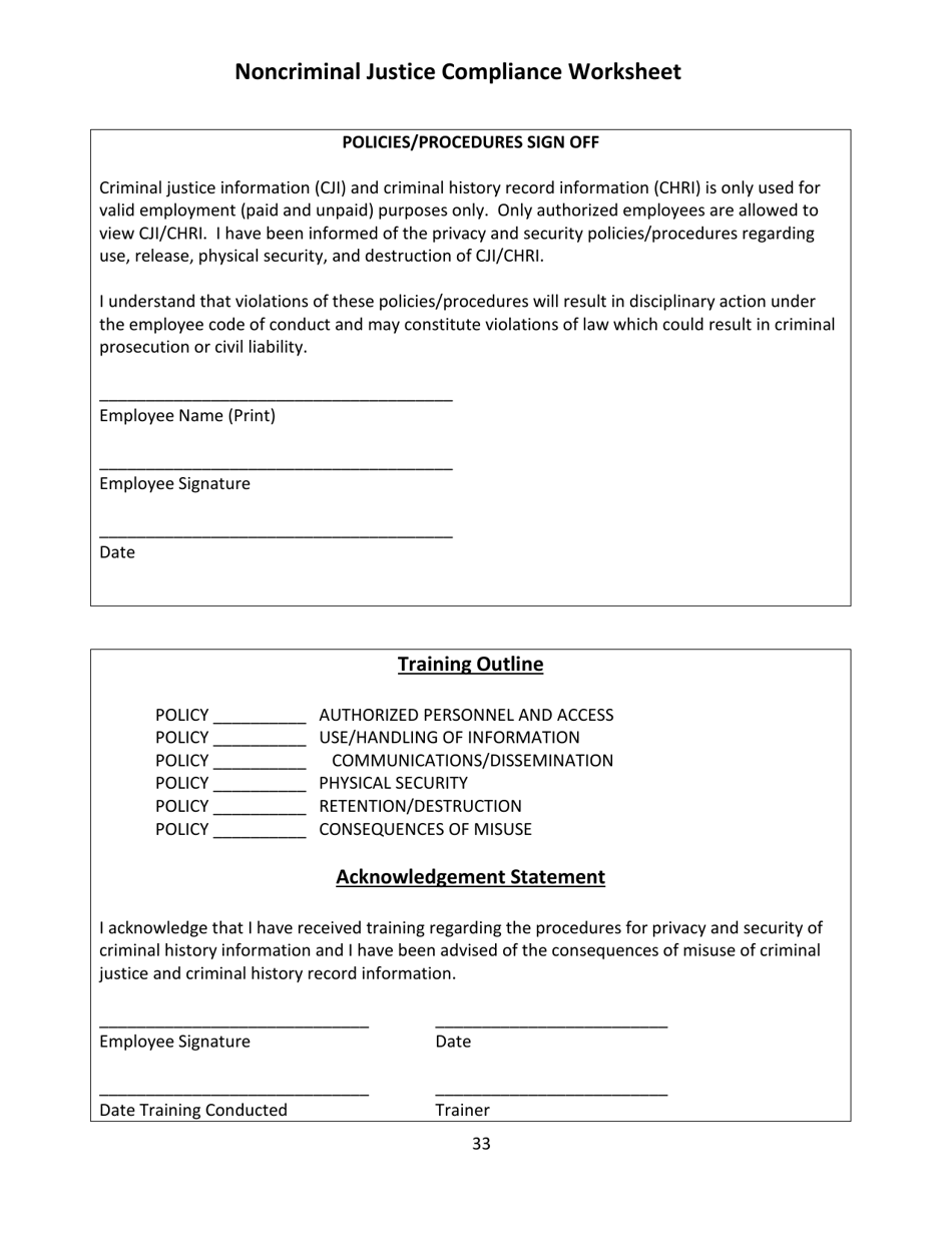 Noncriminal Justice Compliance Worksheet - Arizona, Page 14