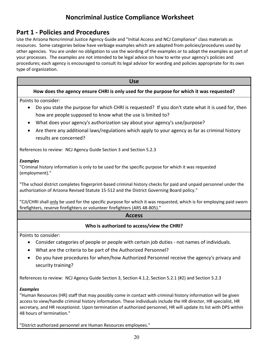 Noncriminal Justice Compliance Worksheet - Arizona, Page 1