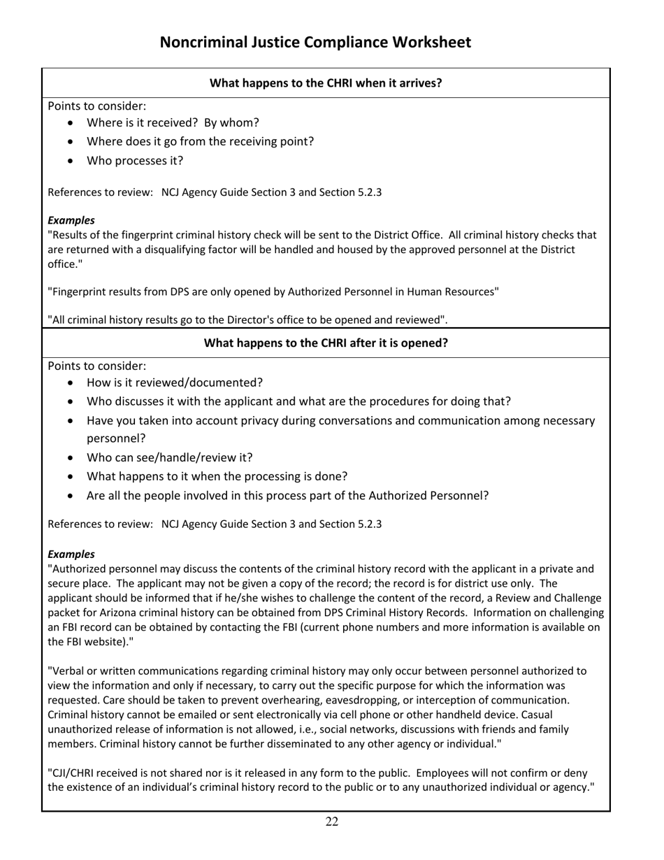 Noncriminal Justice Compliance Worksheet - Arizona, Page 3