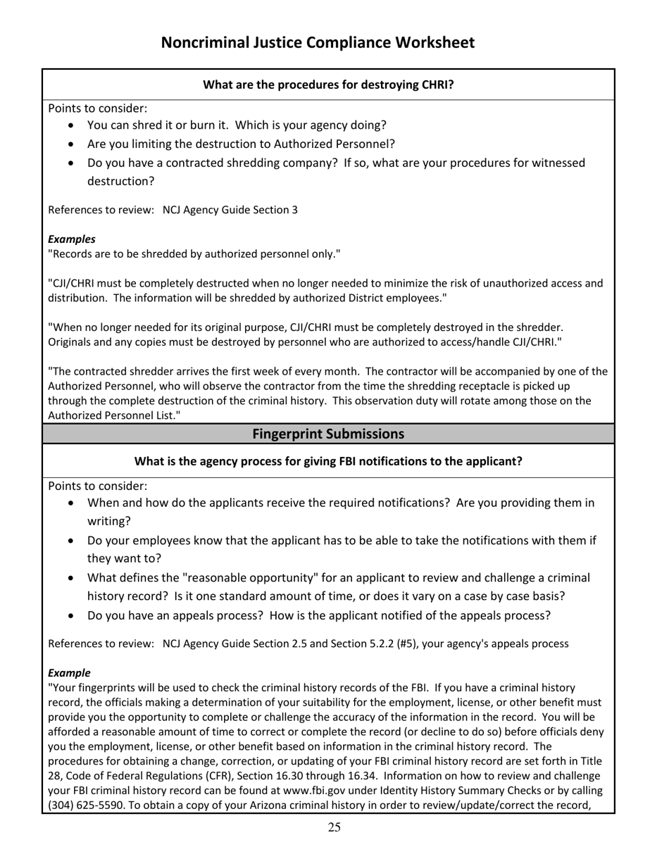 Noncriminal Justice Compliance Worksheet - Arizona, Page 6