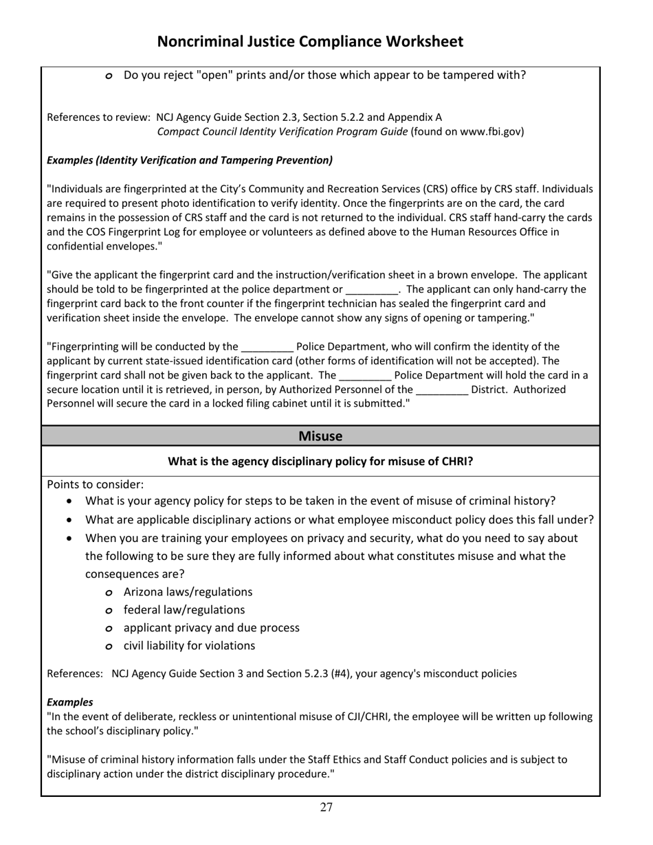 Noncriminal Justice Compliance Worksheet - Arizona, Page 8