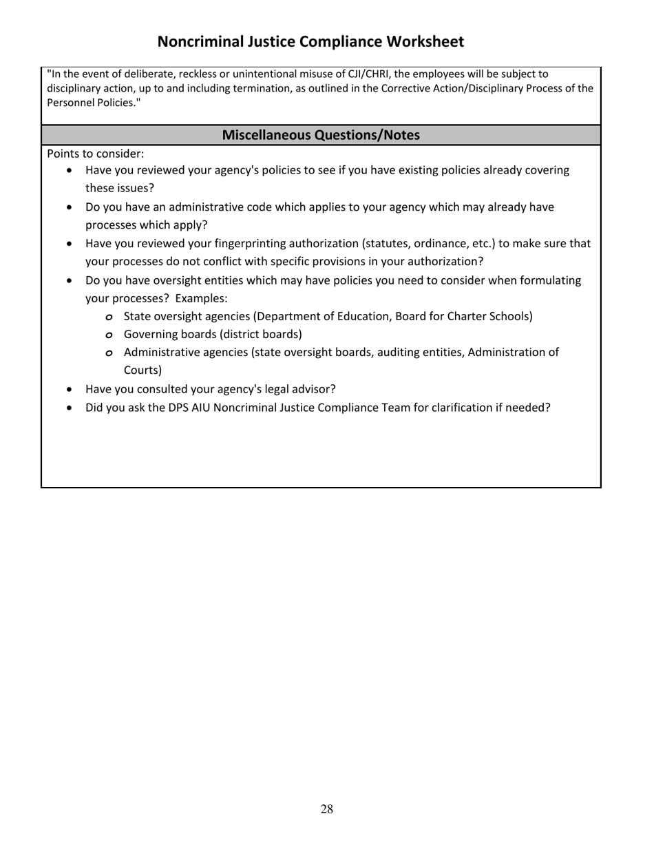 Noncriminal Justice Compliance Worksheet - Arizona, Page 9