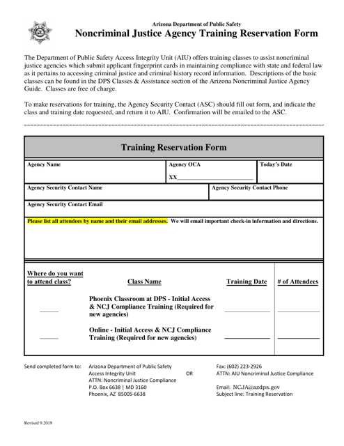 Noncriminal Justice Agency Training Reservation Form - Arizona Download Pdf