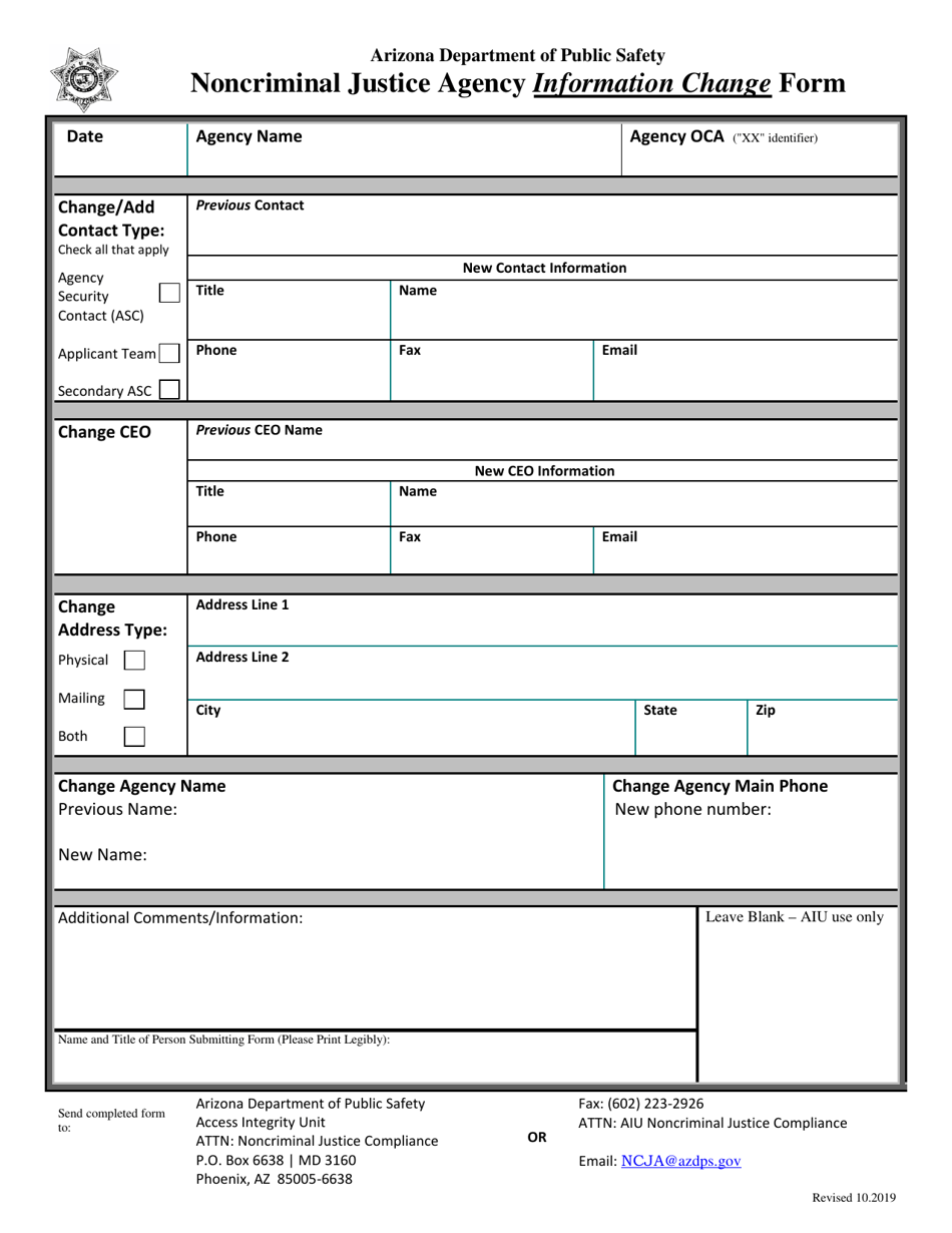 Noncriminal Justice Agency Information Change Form - Arizona, Page 1
