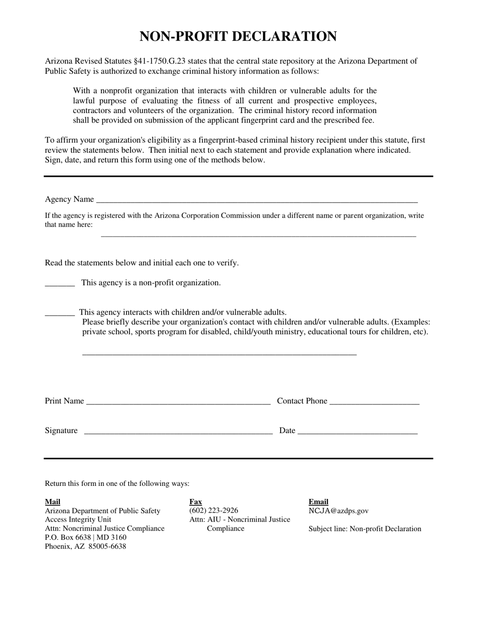 Arizona Non-profit Declaration - Fill Out, Sign Online And Download Pdf 