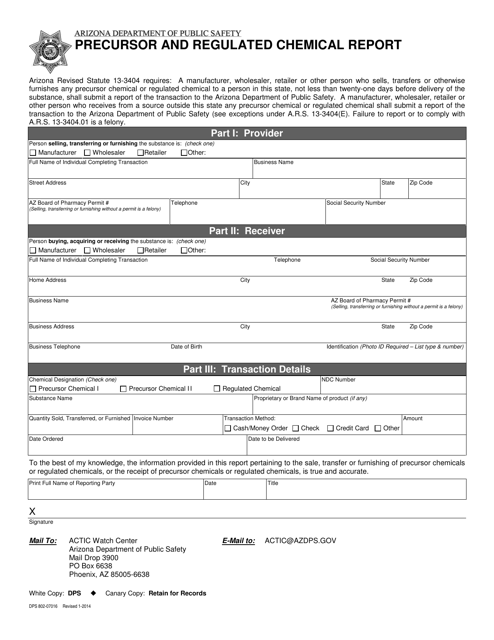 Form DPS802-07016 Precursor and Regulated Chemical Report - Arizona