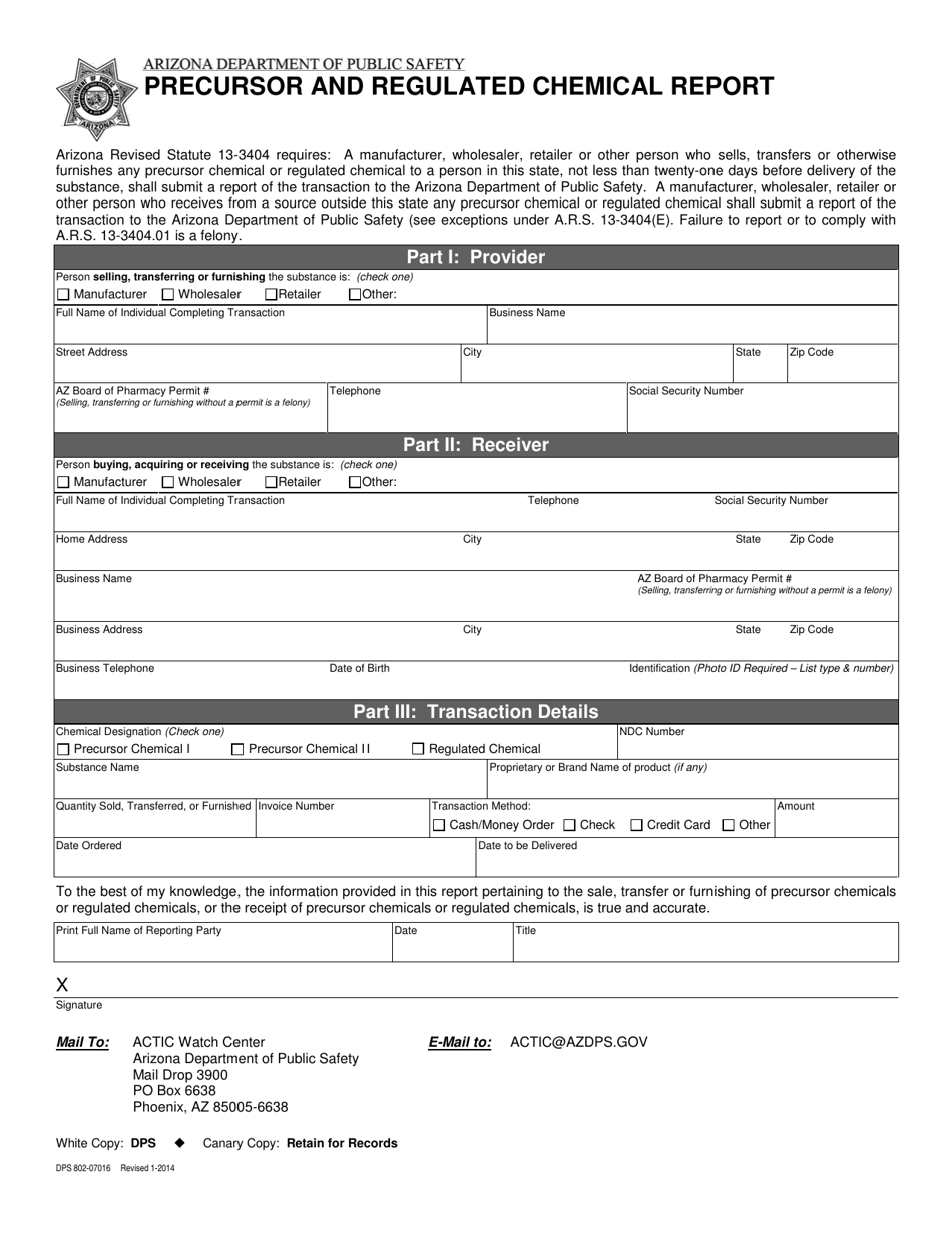 Form DPS802-07016 Precursor and Regulated Chemical Report - Arizona, Page 1