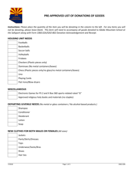Form 1062.02B &quot;Pre-approved List of Donations of Goods&quot; - Arizona