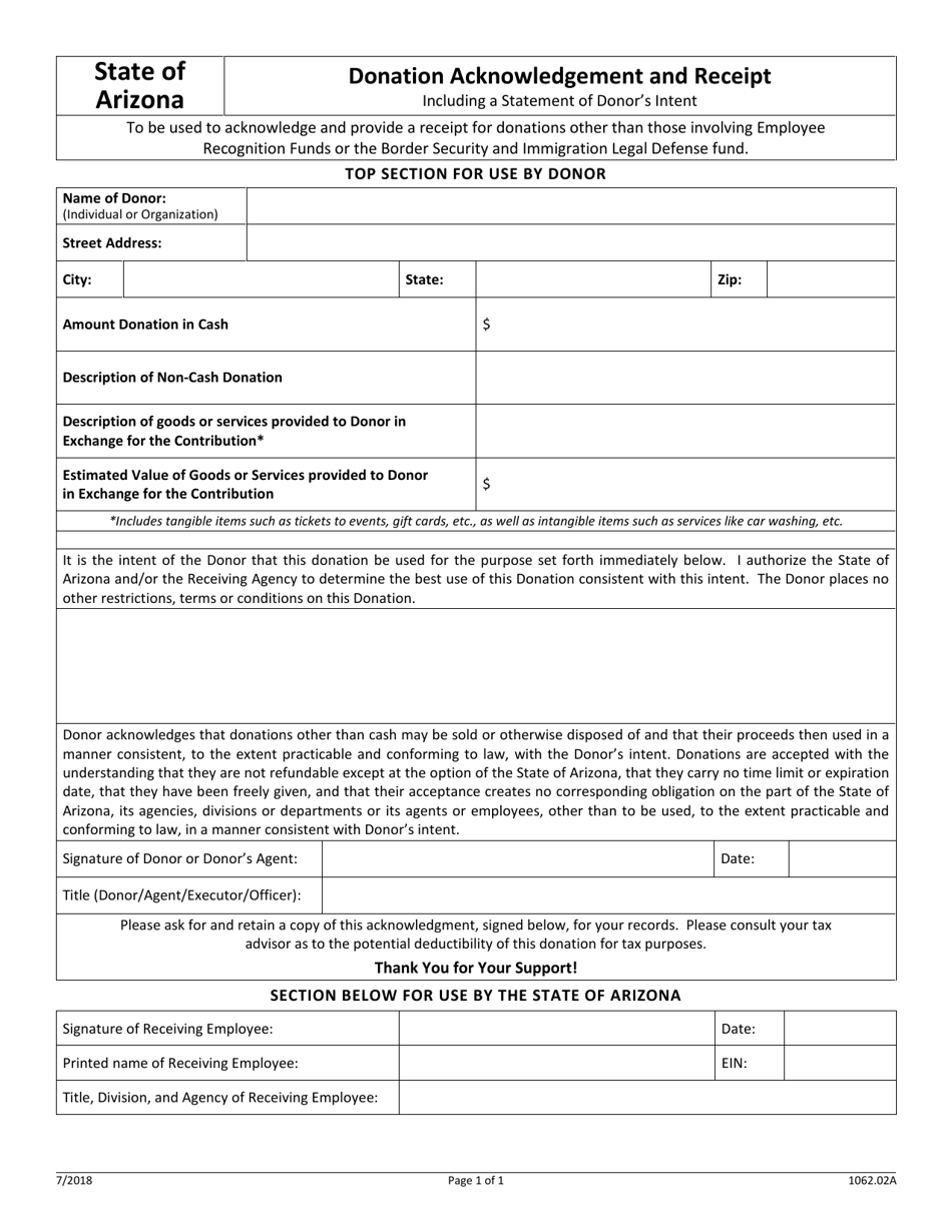 Form GAO-802 (1062.02A) Donation Acknowledgement and Receipt - Arizona, Page 1