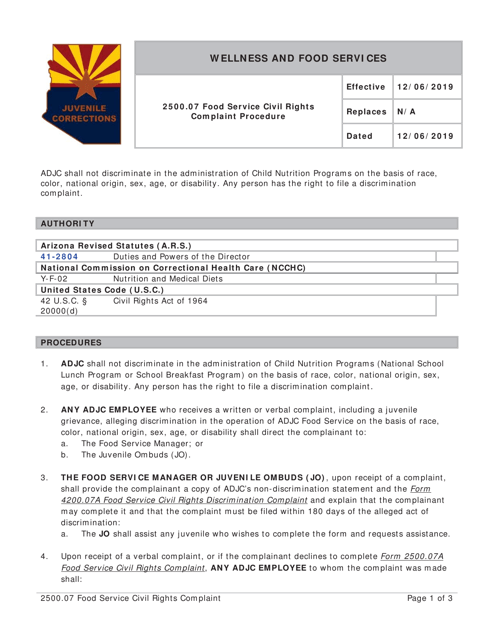 Form 2500.07A Food Service Civil Rights Complaint - Arizona