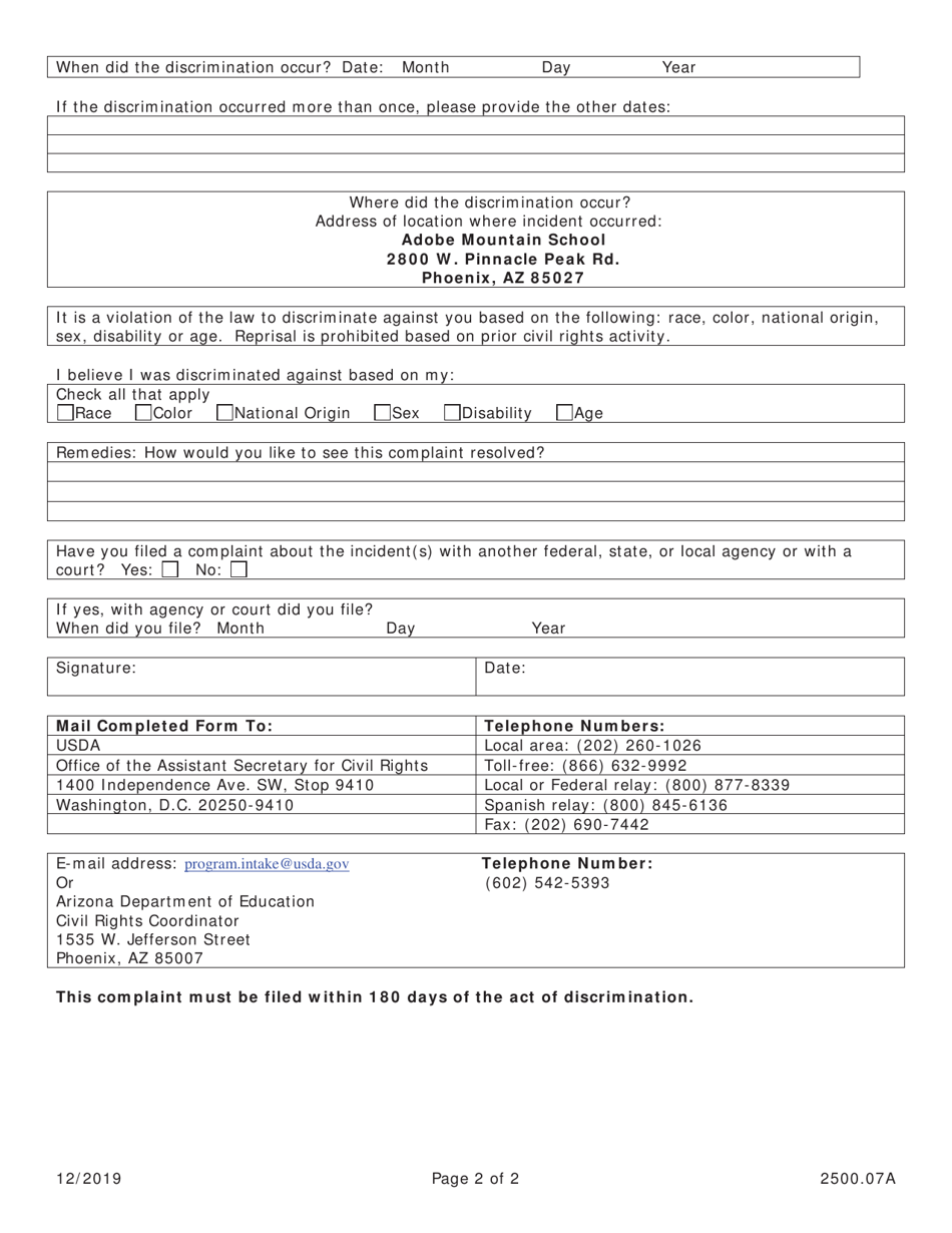 Form 2500.07A Food Service Civil Rights Complaint - Arizona, Page 5