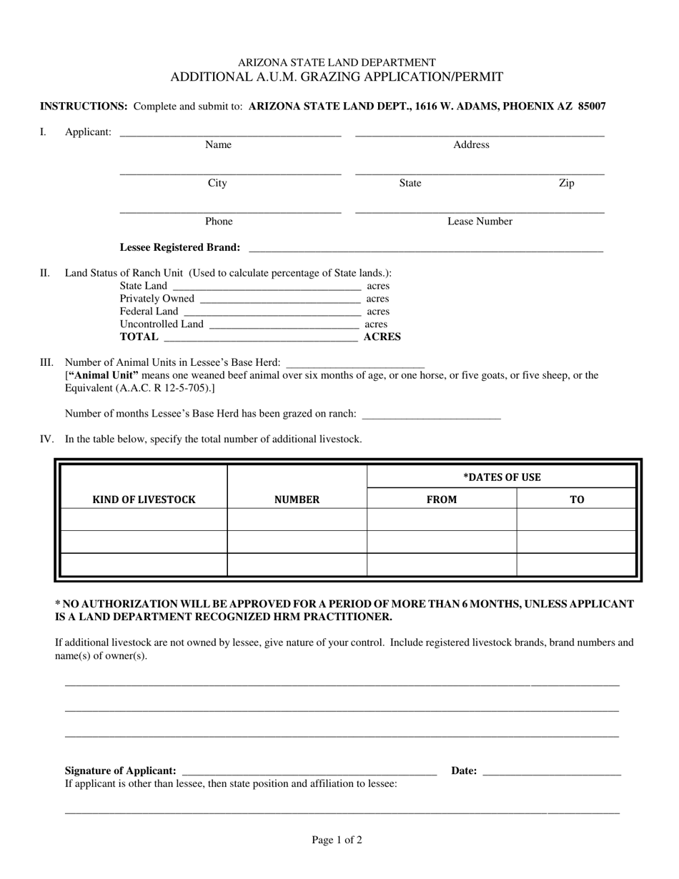 Additional a.u.m. Grazing Application / Permit - Arizona, Page 1