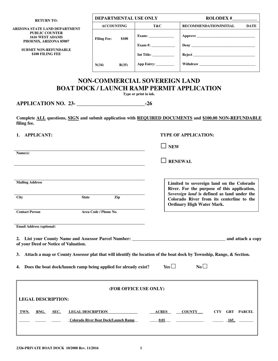 Non-commercial Sovereign Land Boat Dock / Launch Ramp Permit Application - Arizona, Page 1