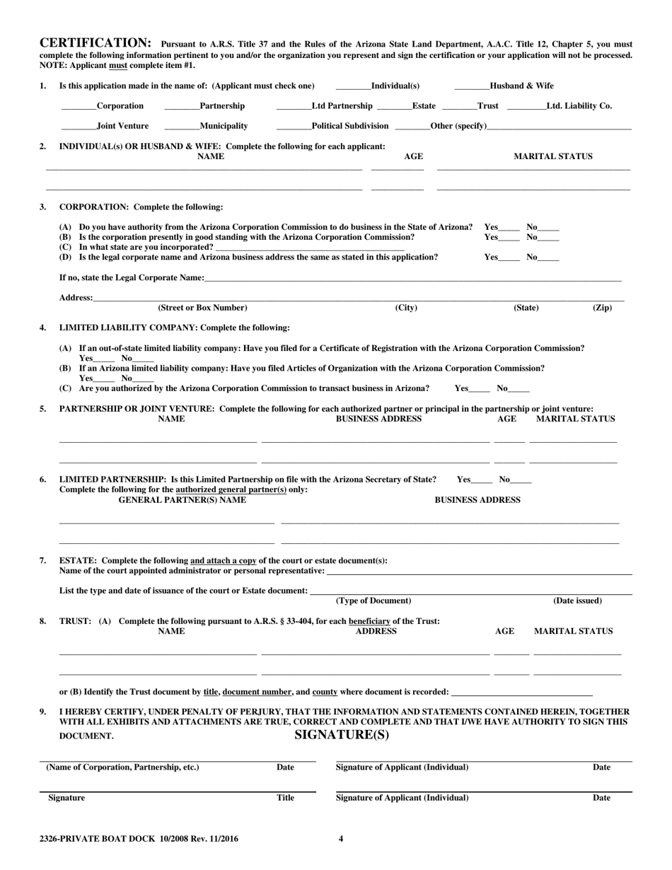 Arizona Sovereign Land Boat Dock/Launch Ramp Permit