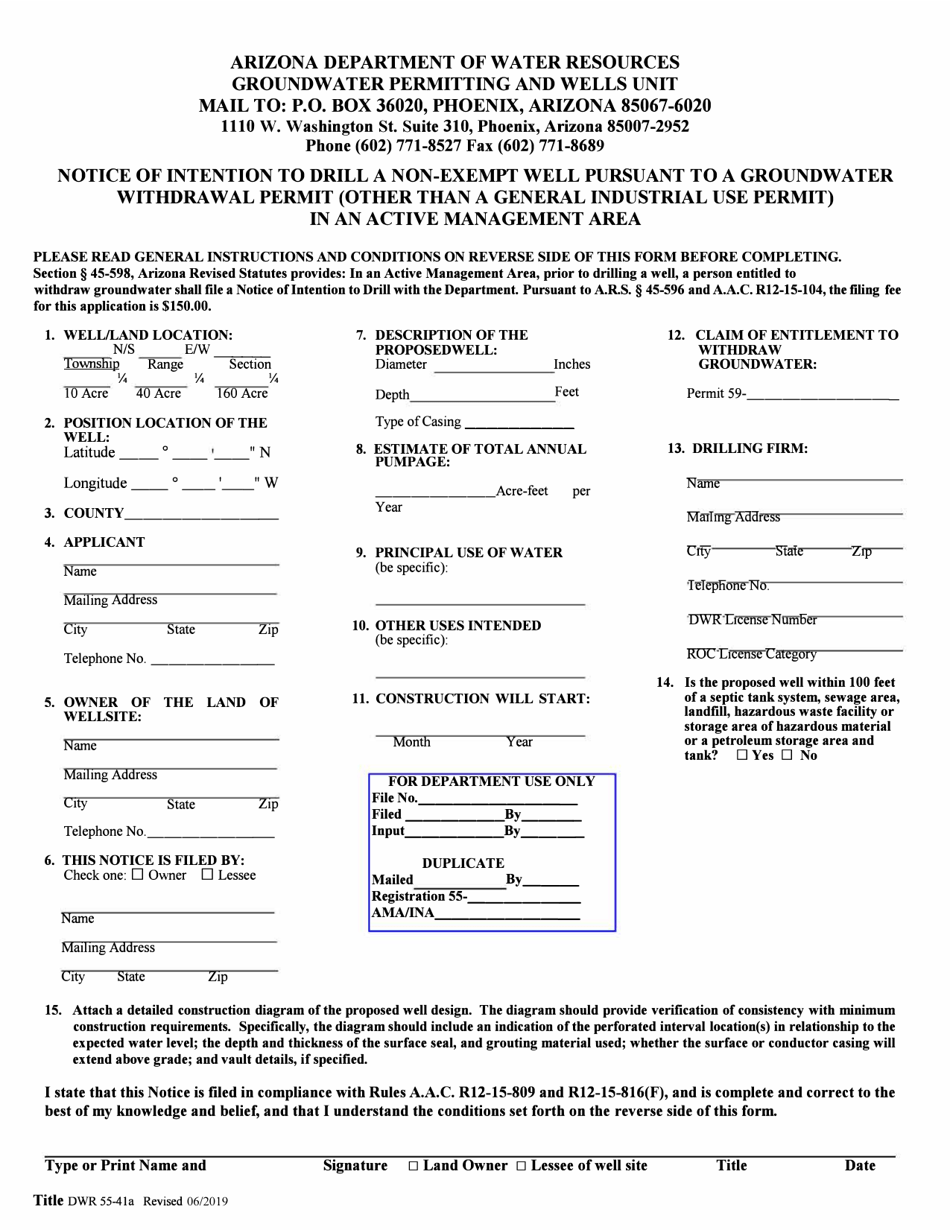 Form DWR55-41A Notice of Intention to Drill a Non-exempt Well Pursuant to a Groundwater Withdrawal Permit (Other Than a General Industrial Use) in an Active Management Area - Arizona, Page 1
