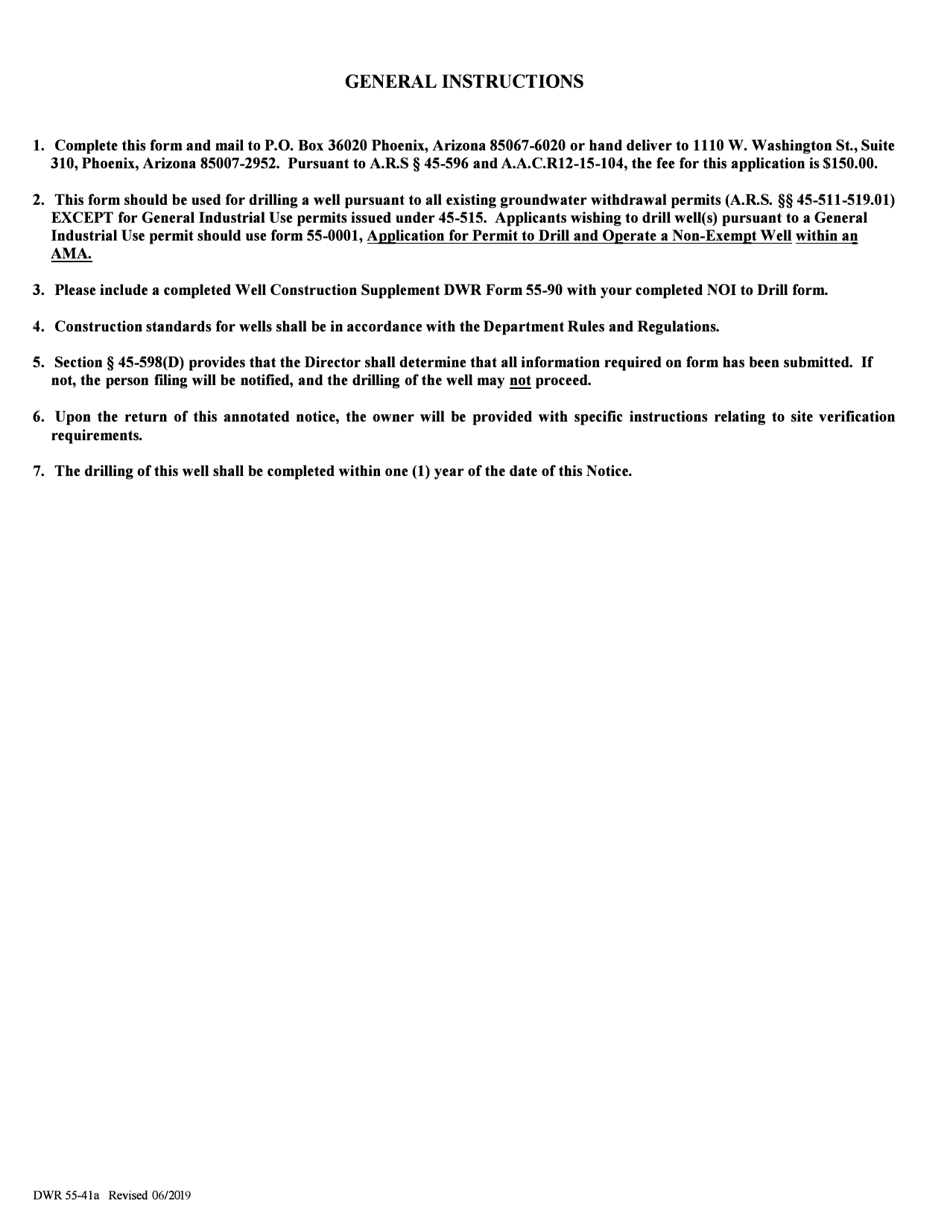 Instructions for Form DWR55-41A Notice of Intention to Drill a Non-exempt Well Pursuant to a Groundwater Withdrawal Permit (Other Than a General Industrial Use Permit) in an Active Management Area - Arizona, Page 1