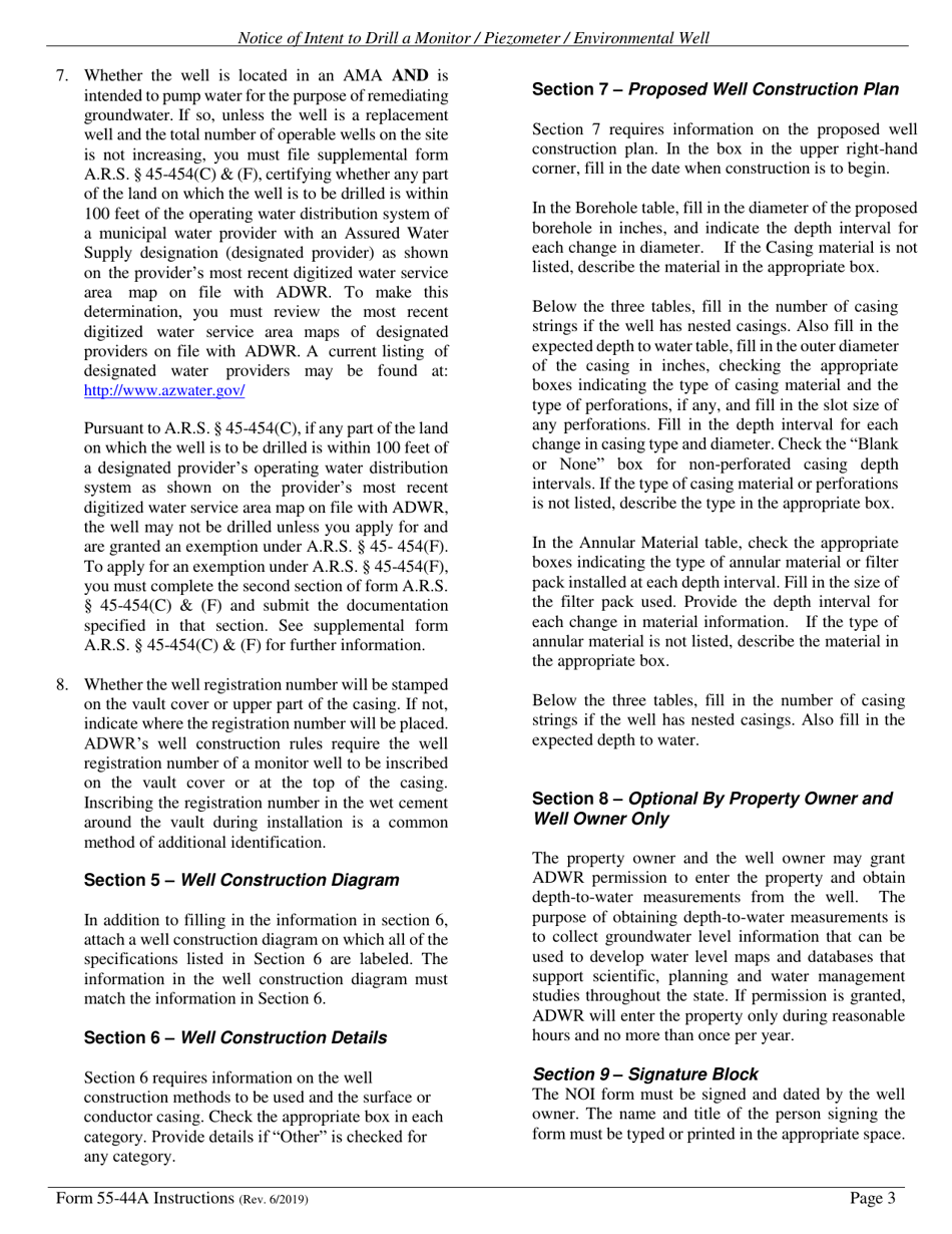 Instructions for Form DWR55-44A Notice of Intention to Drill, Deepen, or Modify a Monitor / Piezometer / Environmental Well - Arizona, Page 3