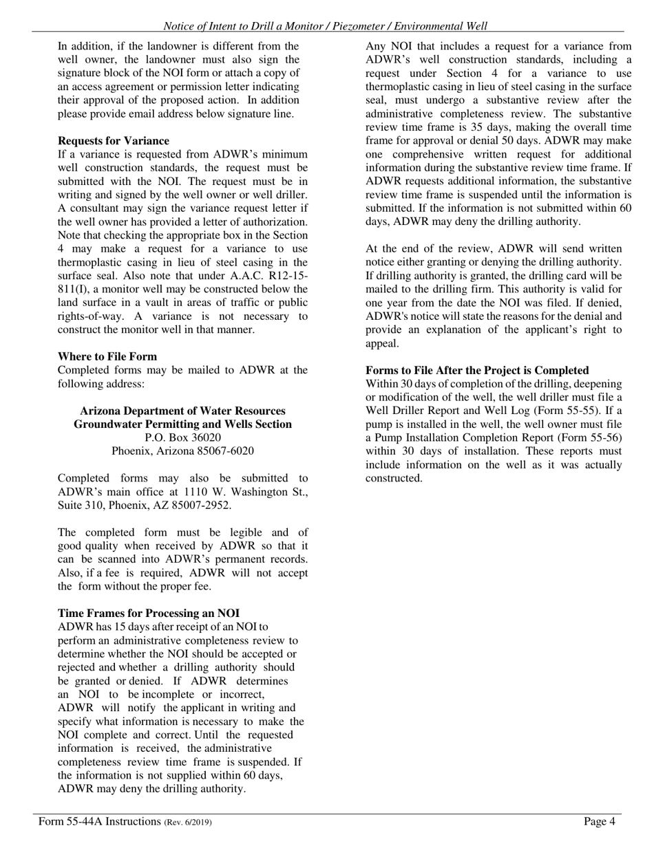 Instructions for Form DWR55-44A Notice of Intention to Drill, Deepen, or Modify a Monitor / Piezometer / Environmental Well - Arizona, Page 4