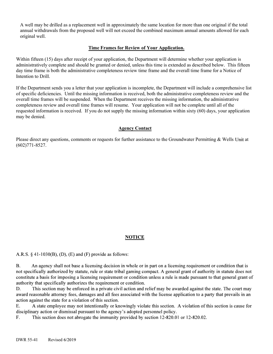 Instructions for Form DWR55-41 Notice of Intention to Deepen or Modify an Existing Non-exempt Well or Construct a Replacement Non-exempt Well at Approximately the Same Location in an Active Management Area - Arizona, Page 2