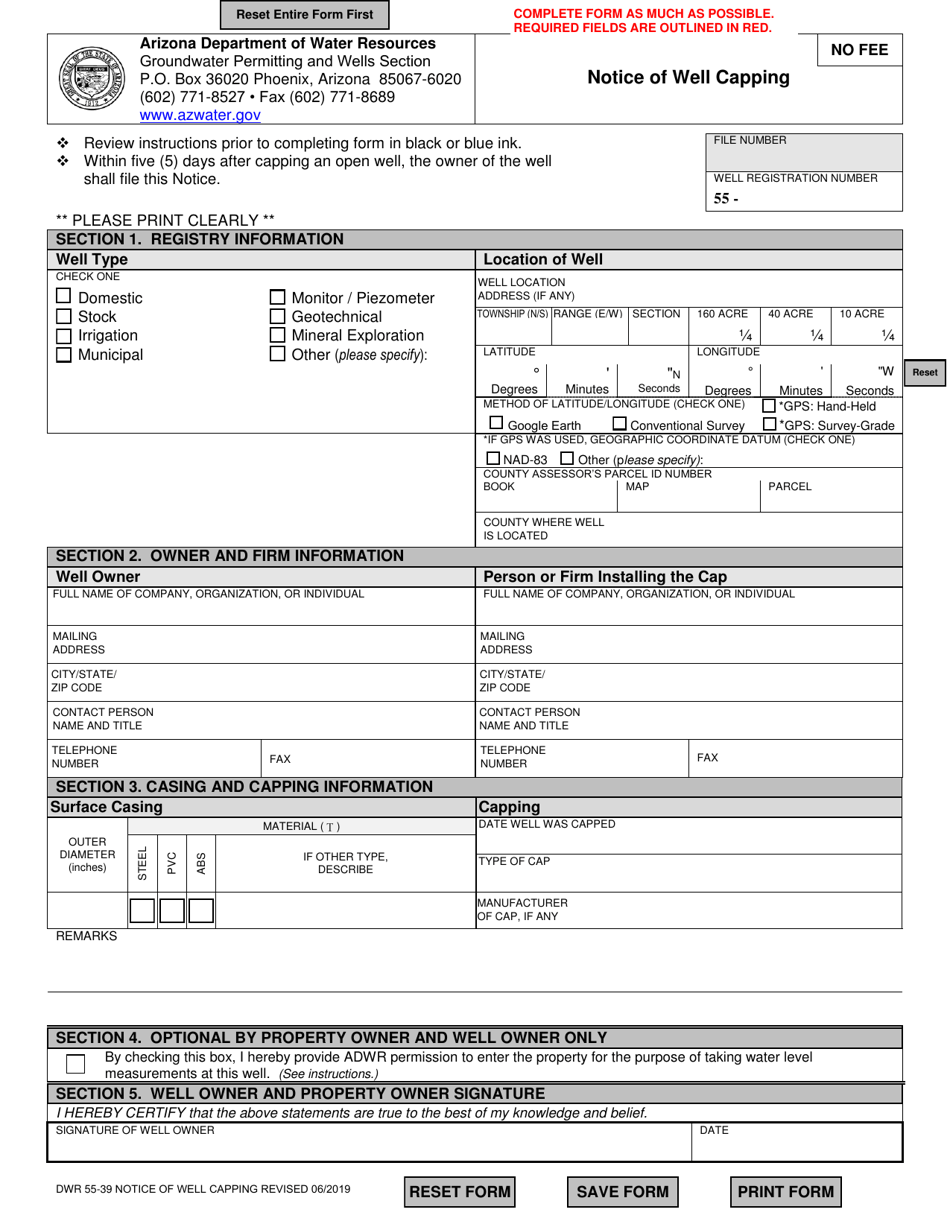 Form DWR55-39 Notice of Well Capping - Arizona, Page 1