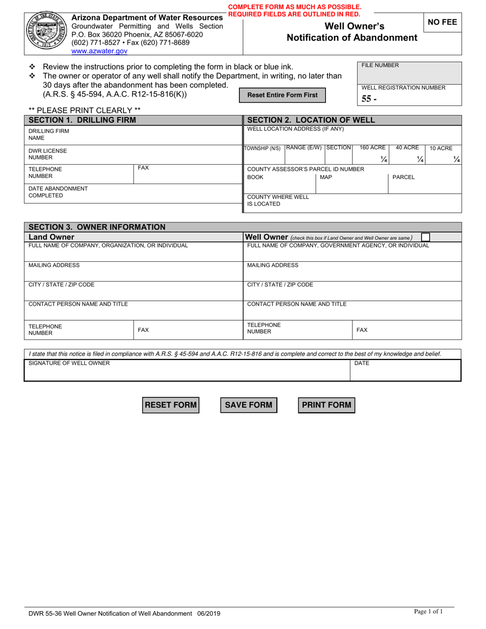 Form DWR55-36 Well Owners Notification of Abandonment - Arizona, Page 1