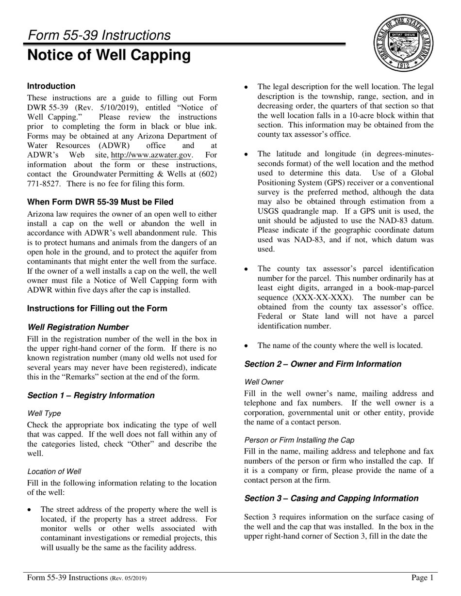 Instructions for Form DWR55-39 Notice of Well Capping - Arizona, Page 1