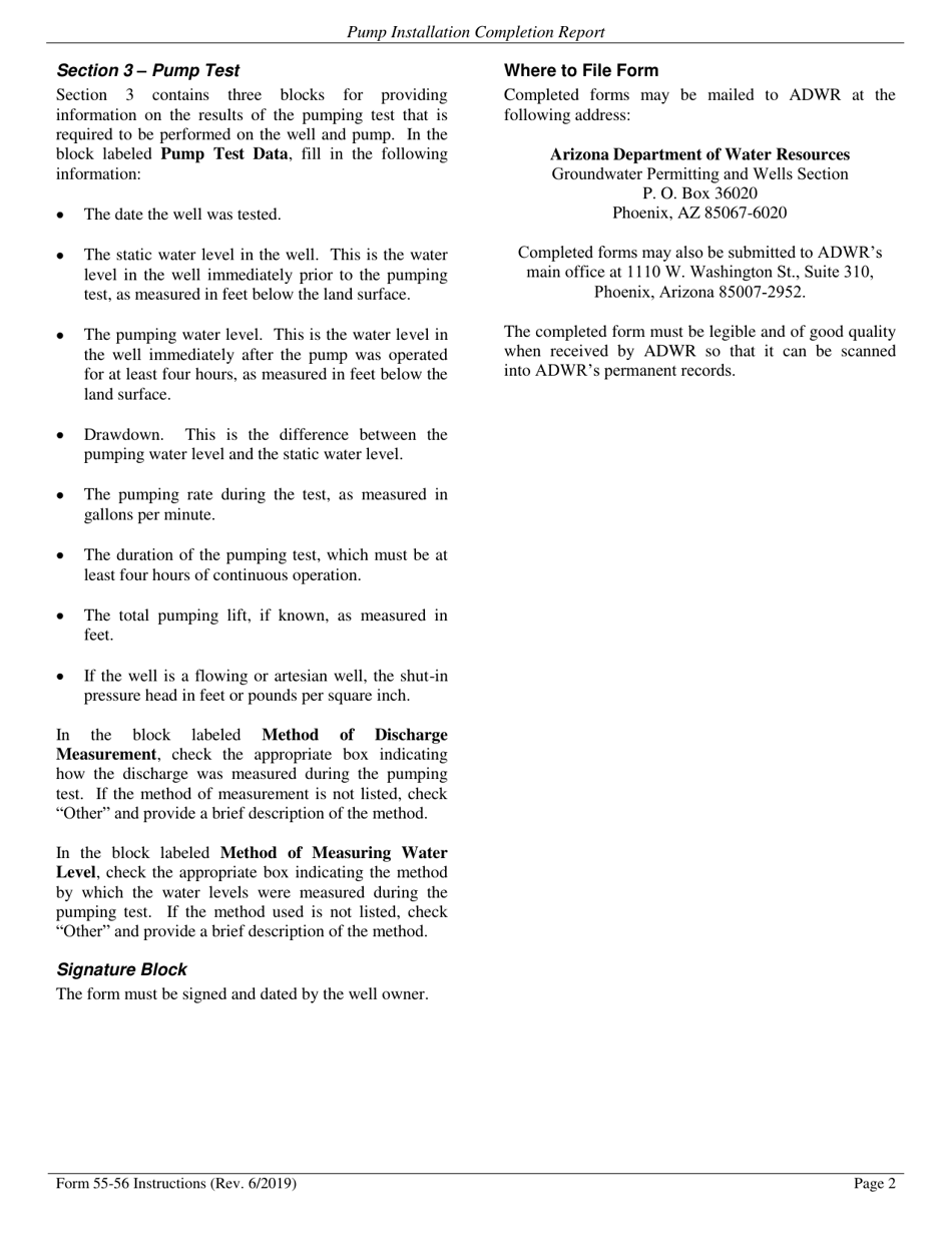 Instructions for Form DWR55-56 Pump Installation Completion Report - Arizona, Page 2