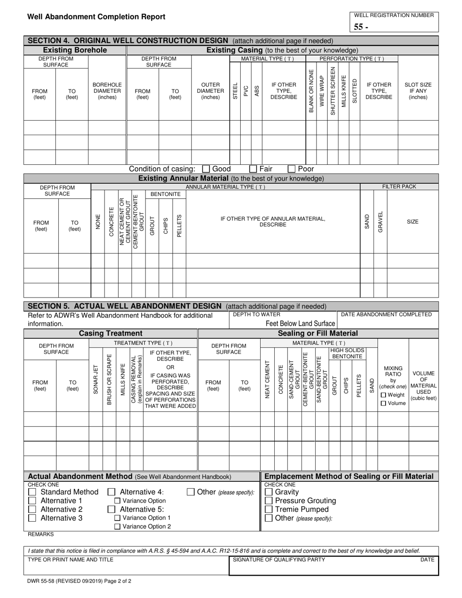 Form DWR55-58 Well Abandonment Completion Report - Arizona, Page 2