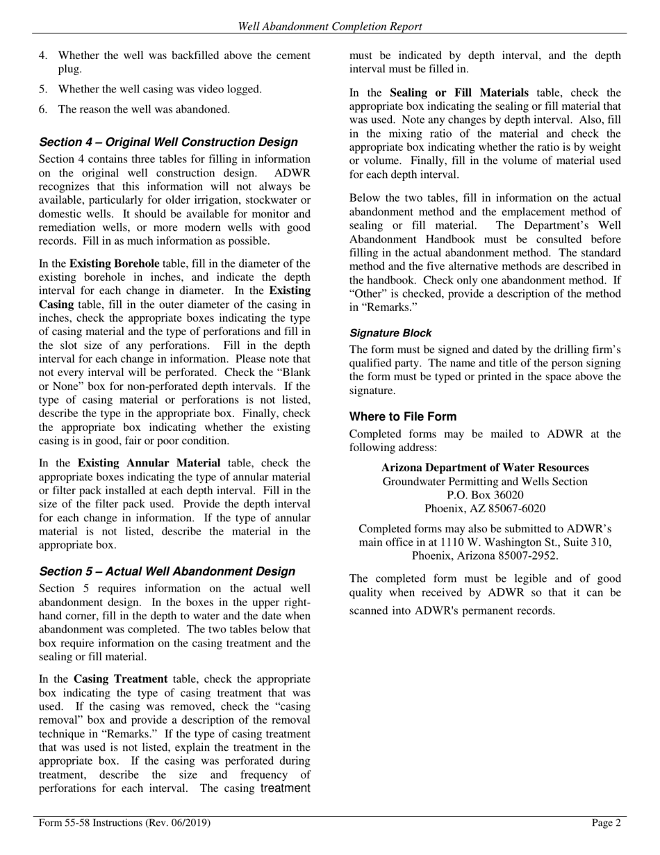 Form DWR55-58 Well Abandonment Completion Report - Arizona, Page 4