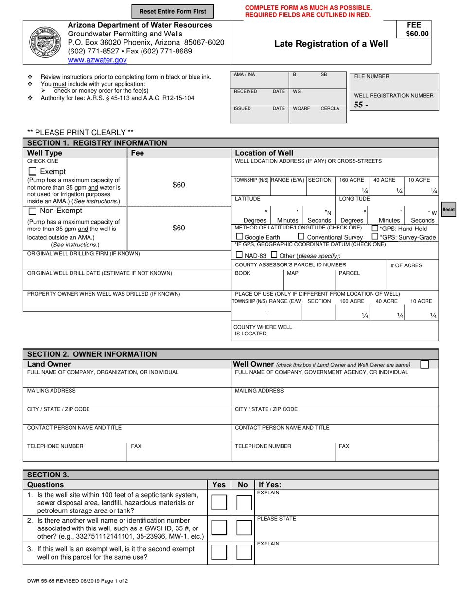 Form Dwr55 65 Download Fillable Pdf Or Fill Online Late Registration Of A Well Arizona 8435