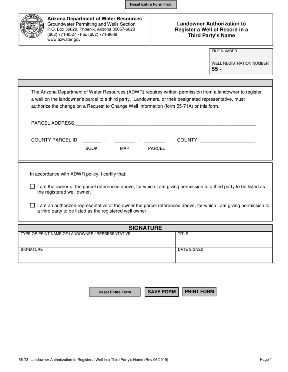 Form 55-73 Landowner Authorization to Register a Well of Record in a Third Partys Name - Arizona, Page 1