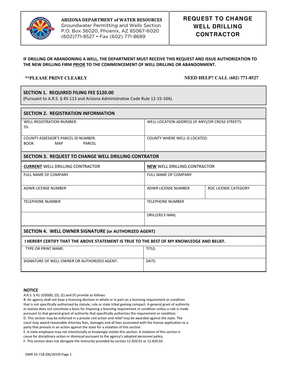 Form DWR55-71B Request to Change Well Drilling Contractor - Arizona, Page 1