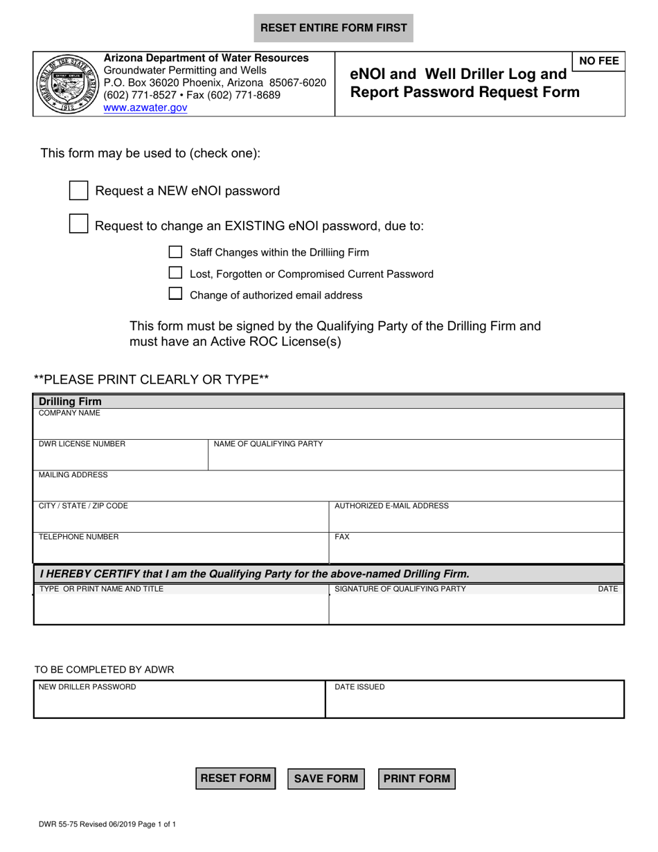Form DWR55-75 Enoi and Well Driller Log and Report Password Request Form - Arizona, Page 1