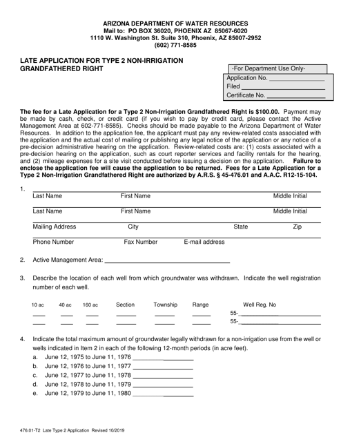 Form 476.01-T2 Late Application for Type 2 Non-irrigation Grandfathered Right - Arizona