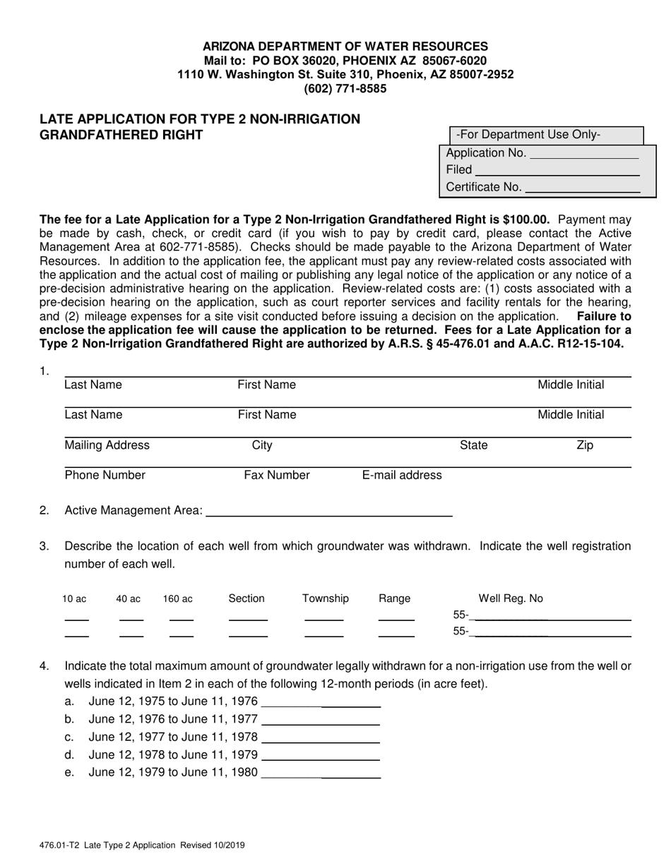 Form 476.01-T2 Late Application for Type 2 Non-irrigation Grandfathered Right - Arizona, Page 1