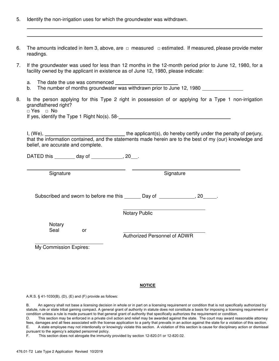 Form 476.01-T2 Late Application for Type 2 Non-irrigation Grandfathered Right - Arizona, Page 2