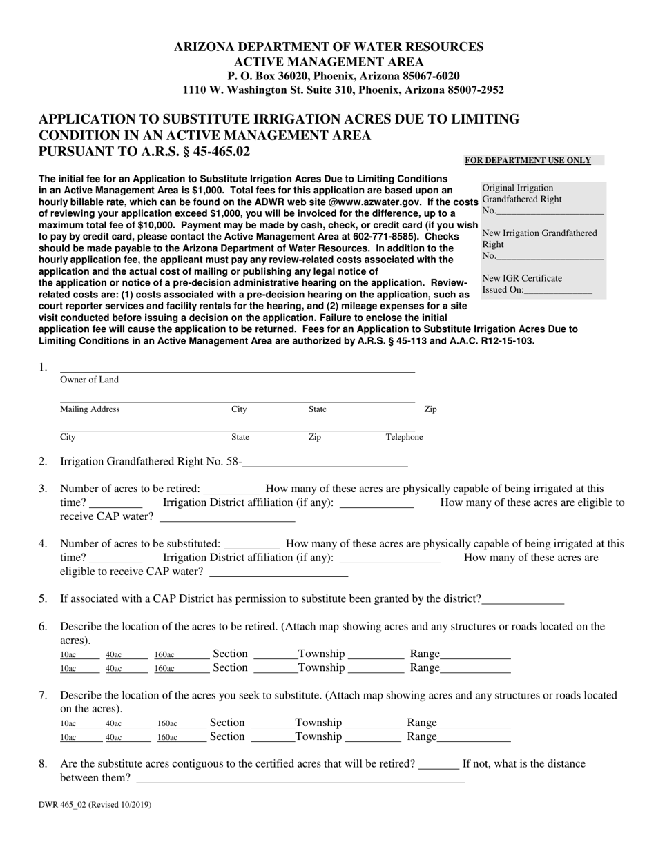 Form DWR465_02 Application to Substitute Irrigation Acres Due to Limiting Conditions in an Active Management Area Pursuant to a.r.s. 45-465.02 - Arizona, Page 1