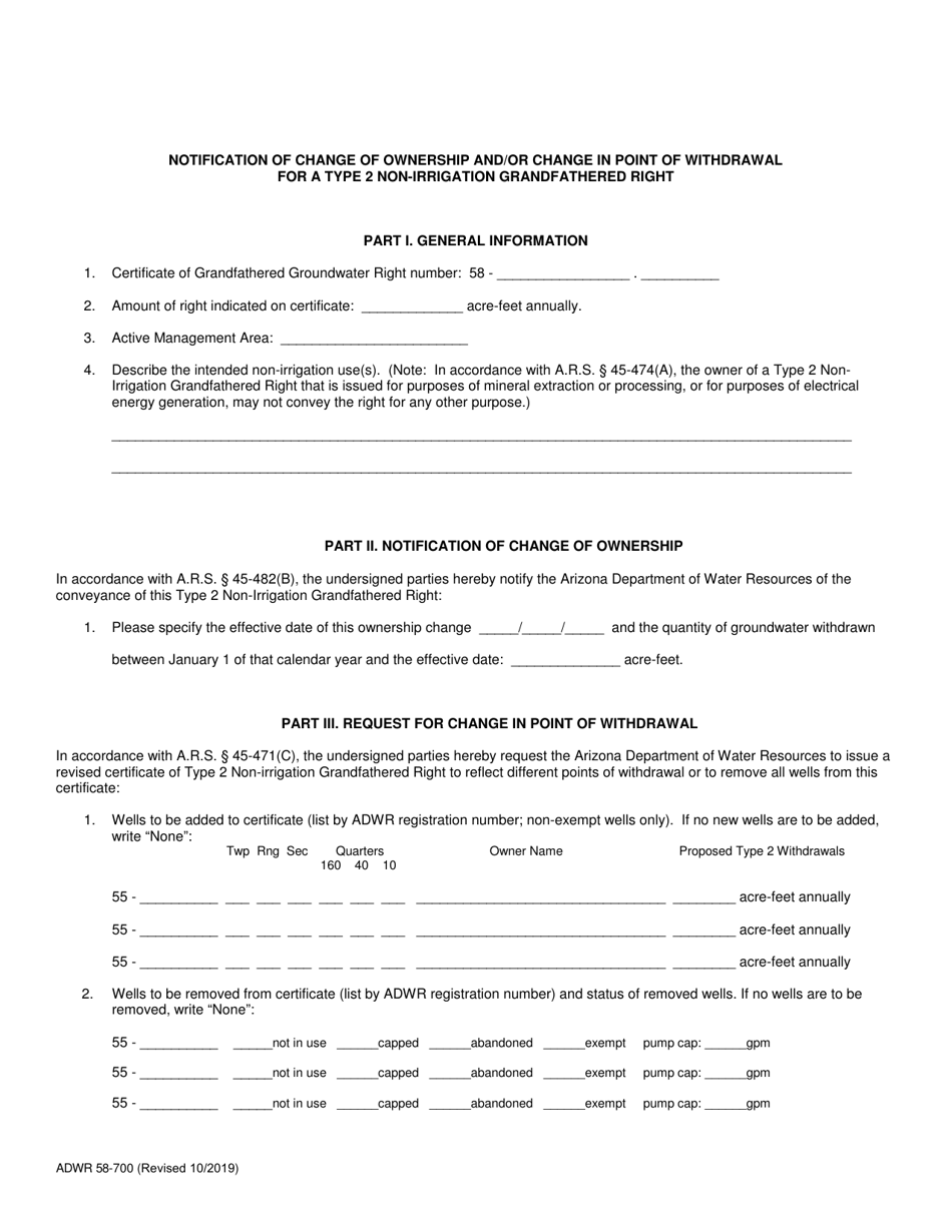 Form ADWR58-700 Notification of Change of Ownership and / or Change in Point of Withdrawal for a Type 2 Non-irrigation Grandfathered Right - Arizona, Page 2