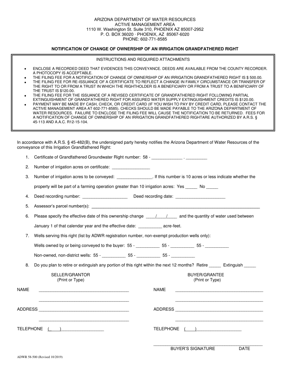 Form ADWR58-500 Notification of Change of Ownership of an Irrigation Grandfathered Right - Arizona, Page 1
