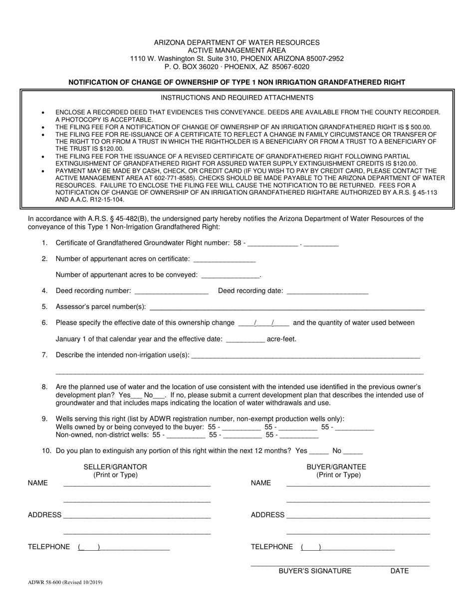 Form ADWR58-600 Notification of Change of Ownership of a Type 1 Non-irrigation Grandfathered Right - Arizona, Page 1