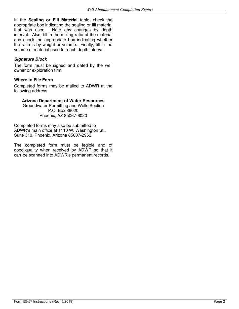 Instructions for Form DWR55-57 Project Completion Report for Mineral Exploration Drilling - Arizona, Page 2