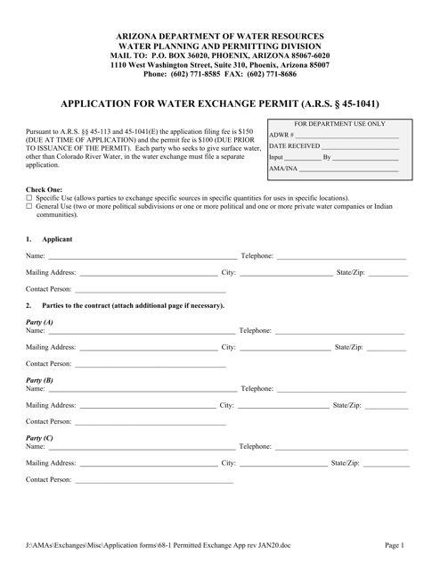 Application for Water Exchange Permit (A.r.s. 45-1041) - Arizona Download Pdf