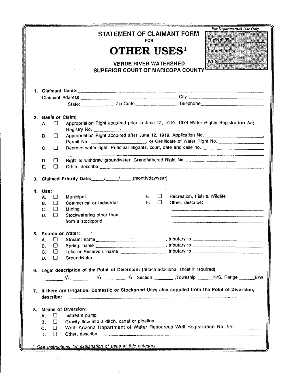 Statement of Claimant Form for Other Uses - Verder River Watershed - Arizona, Page 1
