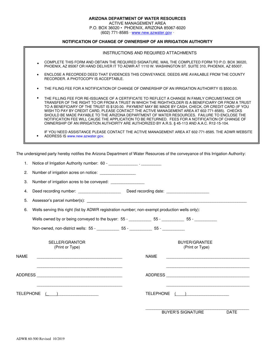 Form ADWR60-500 Notification of Change of Ownership of an Irrigation Authority - Arizona, Page 1