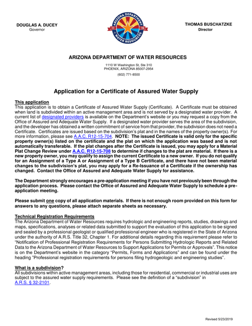 Arizona Application for a Certificate of Assured Water Supply Fill
