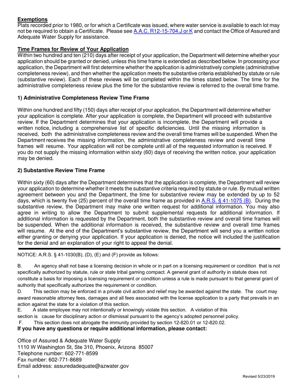 Application for a Certificate of Assured Water Supply - Arizona, Page 2